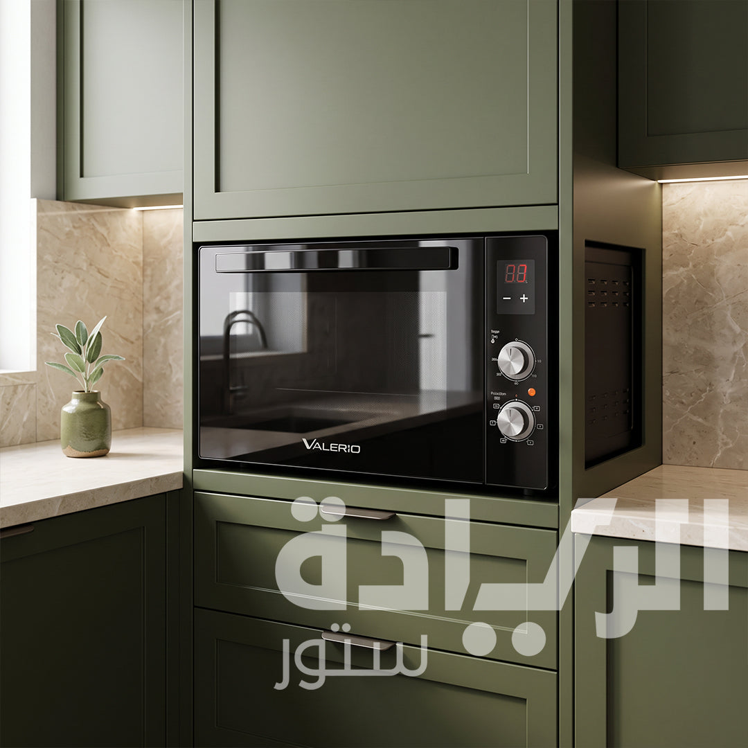 فرن كهرباء فاليريو (Valerio) تركي 50 لتر أسود وزجاج عاكس تايمر ديجيتال ومروحة وشواية دجاج – موديل VM 50 BD PRO