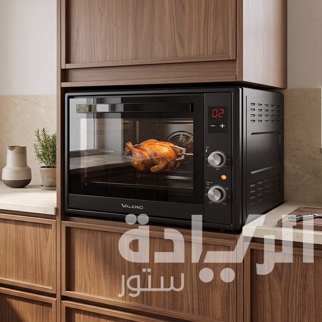 فرن كهرباء فاليريو (Valerio) تركي 65 لتر أسود وزجاج عاكس تايمر ديجيتال ومروحة وشواية دجاج – موديل VM 65 BD PRO