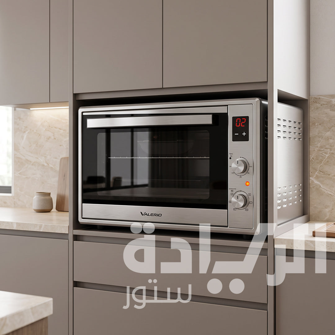 فرن كهرباء فاليريو (Valerio) تركي 65 لتر استانلس ستيل وزجاج عاكس تايمر ديجيتال ومروحة وشواية دجاج – موديل VM 65 XD PRO