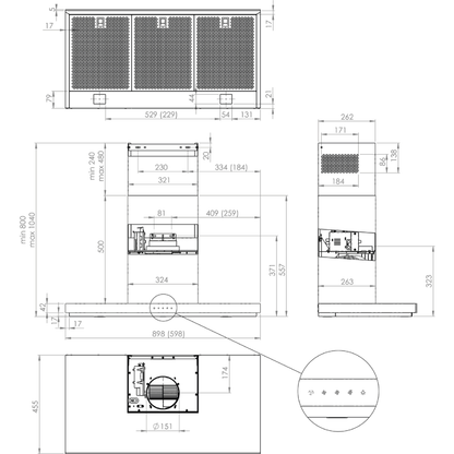 Gorenje T-shaped Cooker Hood, Suction power 650 m³/h - 90 cm - Stainless Steel and Black Glass - Model - WHT943E4XBG