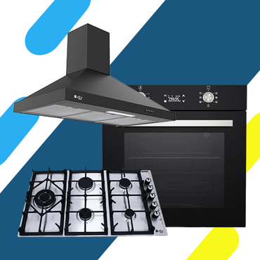 طقم بيورتي بلت إن: فرن غاز 60 سم OPT602GGD، مسطح غاز 90 سم HPT905S، وشفاط هرمي 90 سم PANSY PRO 90 BL