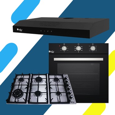 طقم بيورتي بلت إن: فرن غاز 60 سم OPT602GG، مسطح غاز 90 سم HPT903S، وشفاط مسطح PTSLIM 90 BL