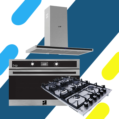 طقم بيورتي بلت إن: فرن غاز 90 سم OPT901GXD، مسطح غاز 90 سم HPT903S، وشفاط حرف T موديل TS PRO