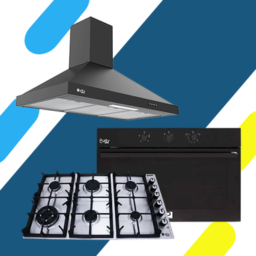 طقم بيورتي بلت إن: شفاط هرمي 90 سم PANSY 90 BL، مسطح غاز 90 سم HPT903S، وفرن غاز 90 سم OPT903GG