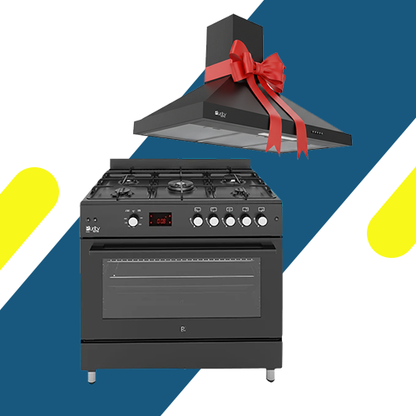 عرض حصري بوتاجاز بيورتي غاز فري ستاند 90 سم – فضي – 5 شعلات – سعة 120 لتر – أمان كامل + شفاط بيورتي هرمي أسود 90 سم قوة شفط 650 م³/ساعة هدية 🎁 – موديلات FRGG9050 BL & PANSY 90 BL