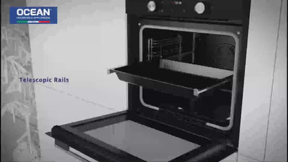 فرن أوشن غاز 60 سم INOX بباب زجاج أسود – شواية غاز – شواية دوارة – Air Fryer – شاشة LED – تنظيف كاتاليتيك – موديل OOGR 65 IECF2 SV