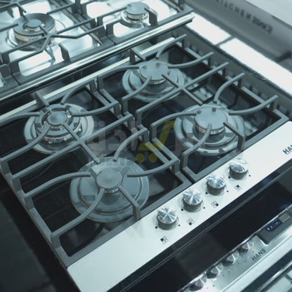 بوتاجاز بلت إن غاز هانز 60 سم زجاج أسود بفريم ستانلس ستيل – 4 شعلات ساباف إيطالية – موديل - HANS 6220-19